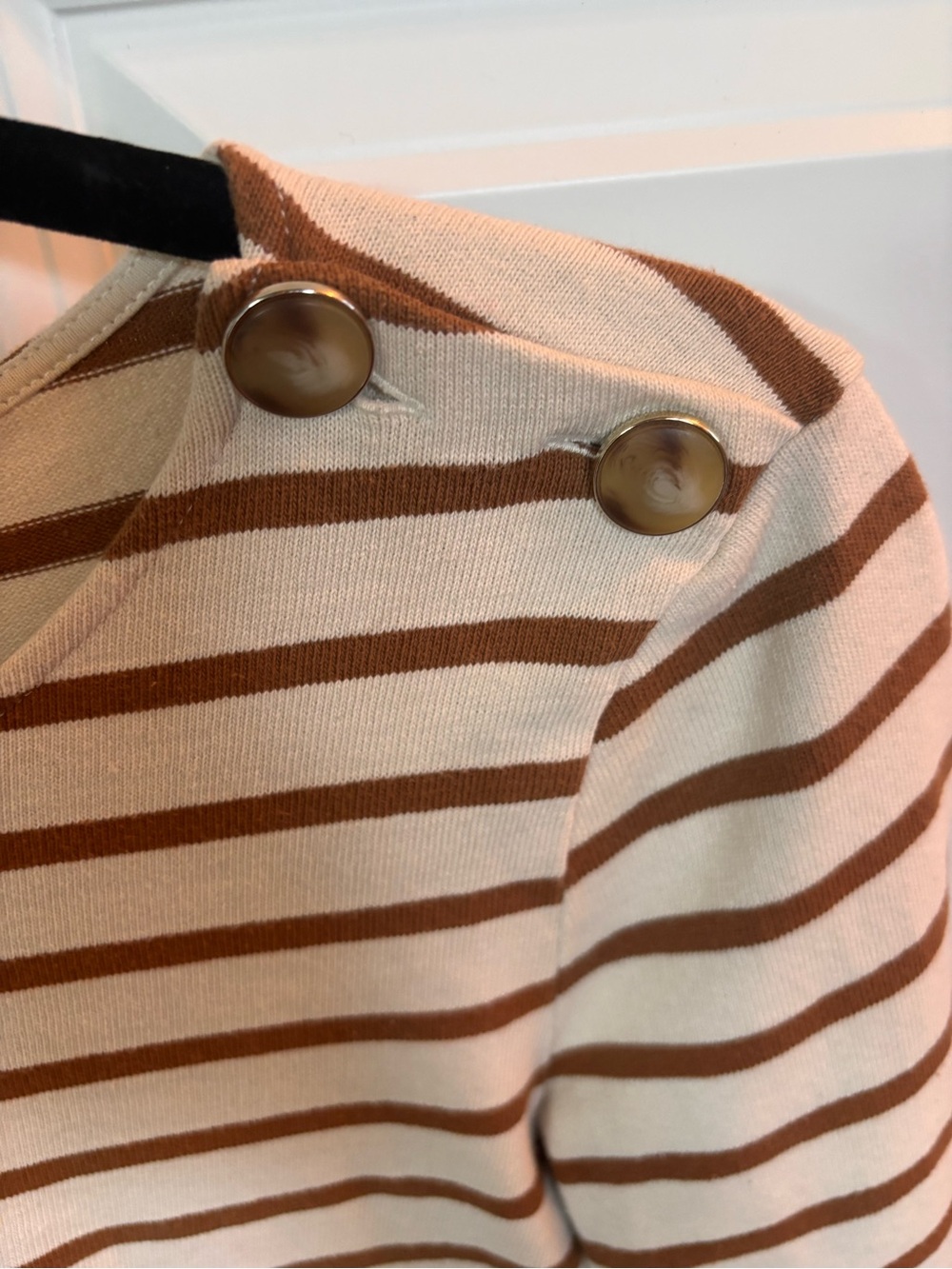 Sézane Cream and Brown Striped 3/4 Sleeve Top with Shoulder Buttons - Picture 3 of 4